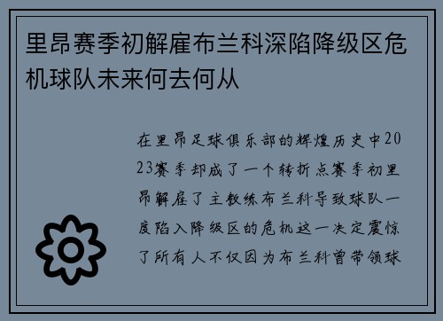 里昂赛季初解雇布兰科深陷降级区危机球队未来何去何从 里昂赛季初解雇布兰科深陷降级区危机球队未来何去何从