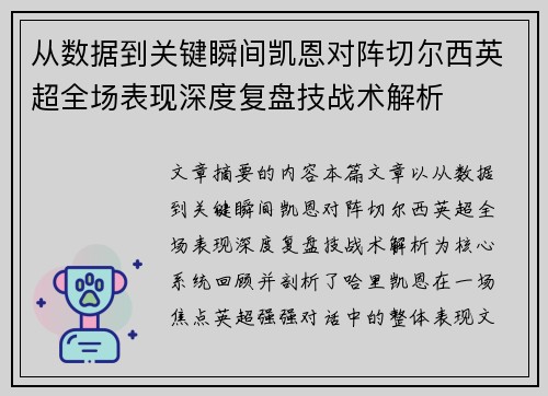 从数据到关键瞬间凯恩对阵切尔西英超全场表现深度复盘技战术解析